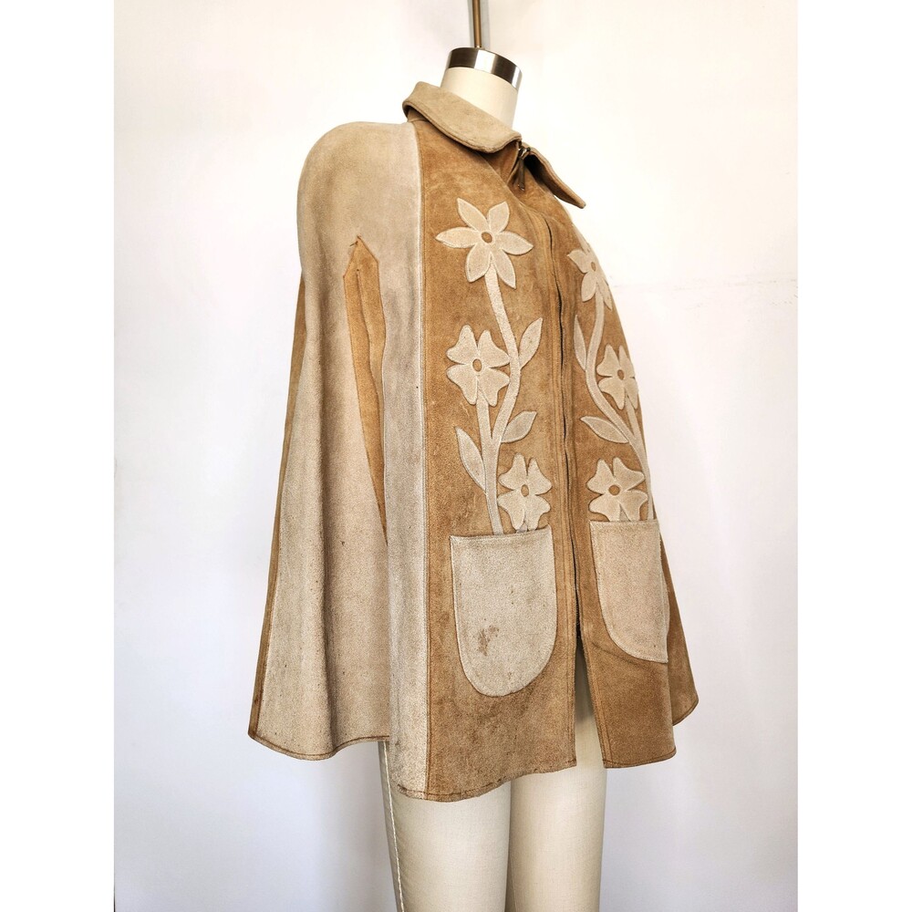 Vintage Leather Suede Poncho Cape Floral Distressed Rustic Oversized Woo… - Picture 4 of 10